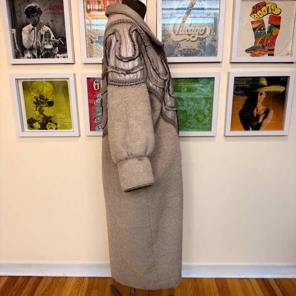 Vintage 80s Statement Taupe Wool & Leather Maxi Coat w/ Ornate Braided Trim - Picture 3 of 16